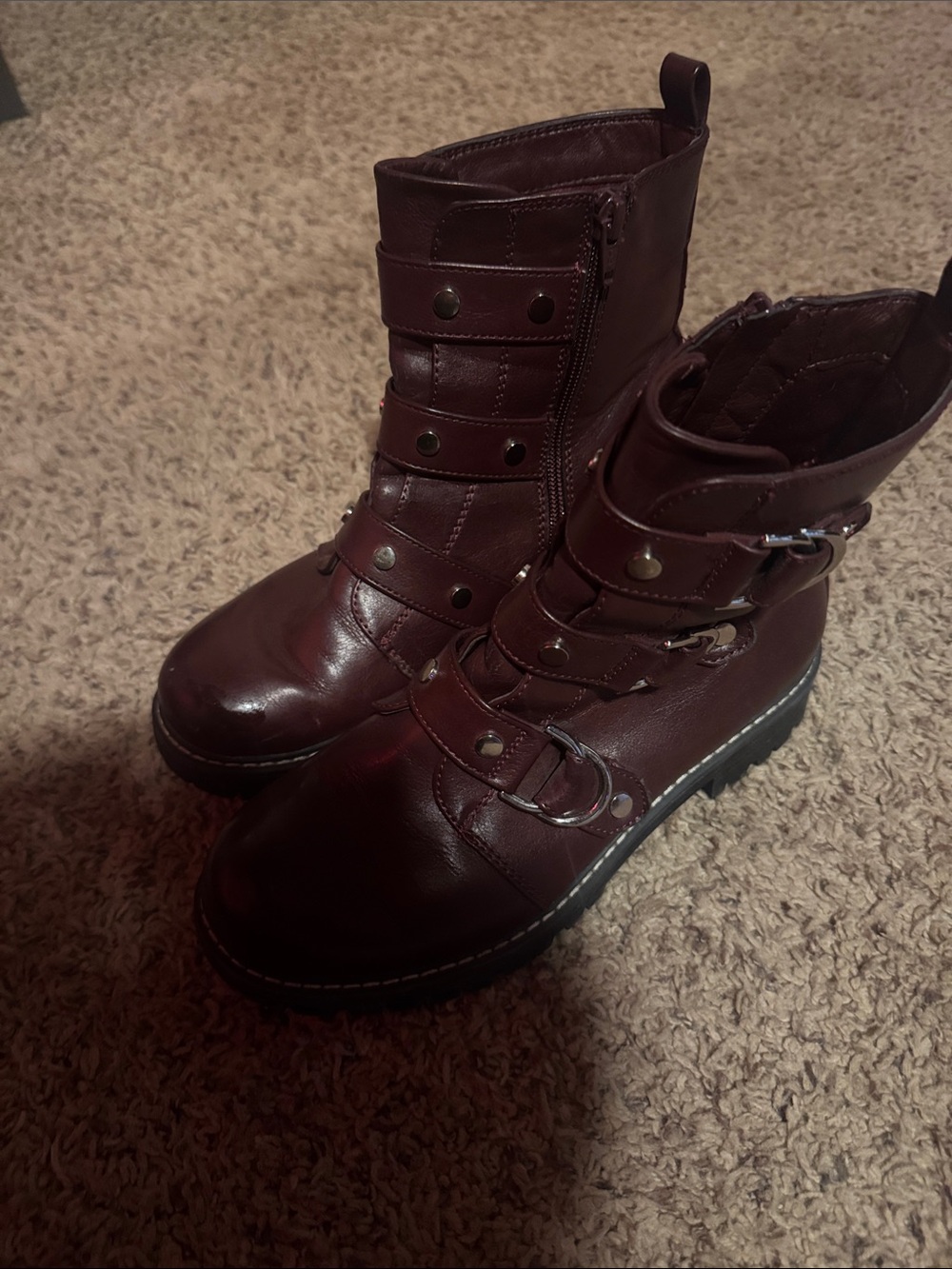 SO Burgundy Strap & Stud Combat Boots